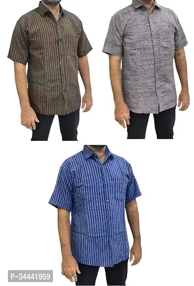 Stylish Khadi Cotton Striped Short Sleeves Casual Shirts For Men- Pack Of 3-thumb0