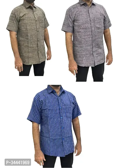 Stylish Khadi Cotton Striped Short Sleeves Casual Shirts For Men- Pack Of 3-thumb0