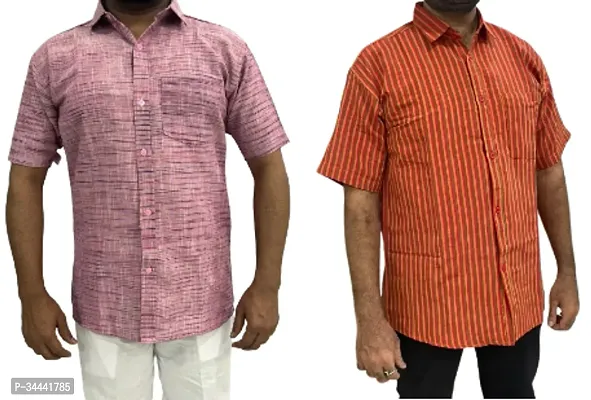 Stylish Khadi Cotton Striped Short Sleeves Casual Shirts For Men- Pack Of 2-thumb0