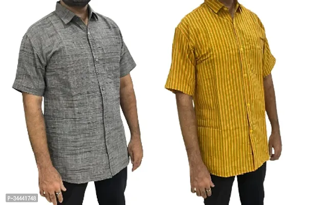 Stylish Khadi Cotton Striped Short Sleeves Casual Shirts For Men- Pack Of 2-thumb0