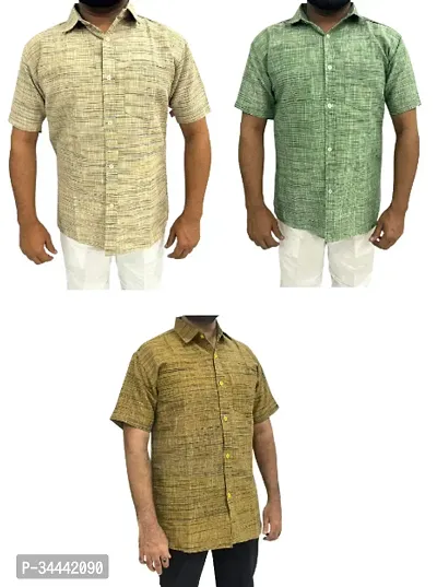 Stylish Khadi Cotton Self Pattern Short Sleeves Casual Shirts For Men- Pack Of 3-thumb0