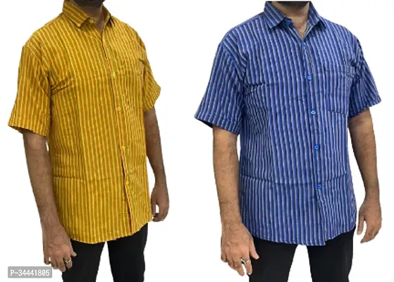 Stylish Khadi Cotton Striped Short Sleeves Casual Shirts For Men- Pack Of 2-thumb0