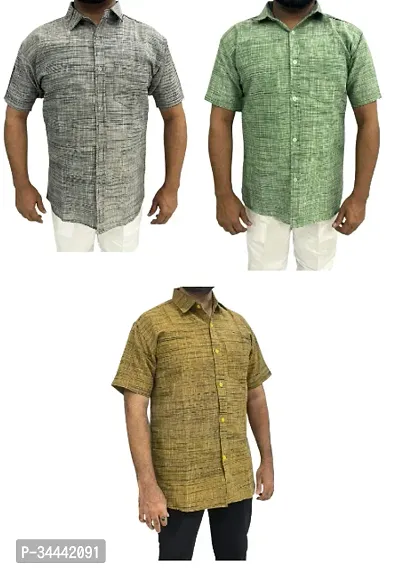 Stylish Khadi Cotton Self Pattern Short Sleeves Casual Shirts For Men- Pack Of 3-thumb0