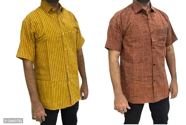 Stylish Khadi Cotton Striped Short Sleeves Casual Shirts For Men- Pack Of 2-thumb0