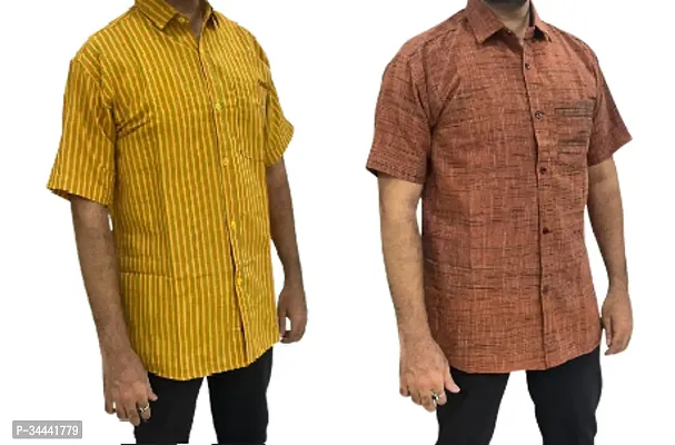 Stylish Khadi Cotton Striped Short Sleeves Casual Shirts For Men- Pack Of 2-thumb0