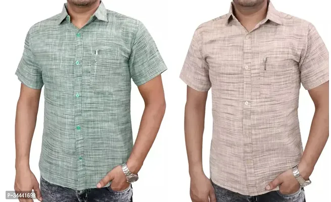 Stylish Khadi Cotton Self Pattern Short Sleeves Casual Shirts For Men- Pack Of 2-thumb0