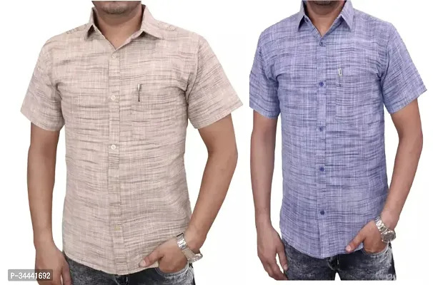 Stylish Khadi Cotton Self Pattern Short Sleeves Casual Shirts For Men- Pack Of 2-thumb0