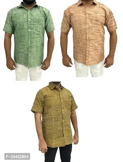 Stylish Khadi Cotton Self Pattern Short Sleeves Casual Shirts For Men- Pack Of 3-thumb0