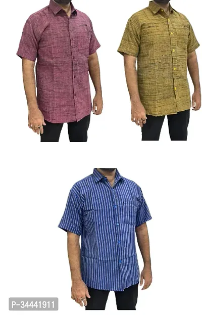 Stylish Khadi Cotton Striped Short Sleeves Casual Shirts For Men- Pack Of 3-thumb0