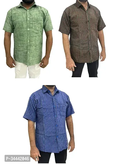 Stylish Khadi Cotton Striped Short Sleeves Casual Shirts For Men- Pack Of 3-thumb0