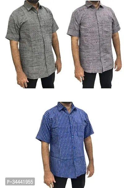 Stylish Khadi Cotton Striped Short Sleeves Casual Shirts For Men- Pack Of 3-thumb0