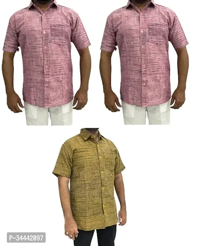 Stylish Khadi Cotton Self Pattern Short Sleeves Casual Shirts For Men- Pack Of 3-thumb0