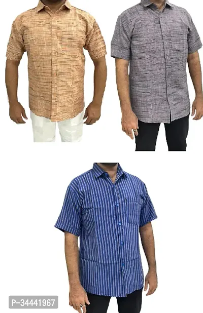 Stylish Khadi Cotton Striped Short Sleeves Casual Shirts For Men- Pack Of 3-thumb0