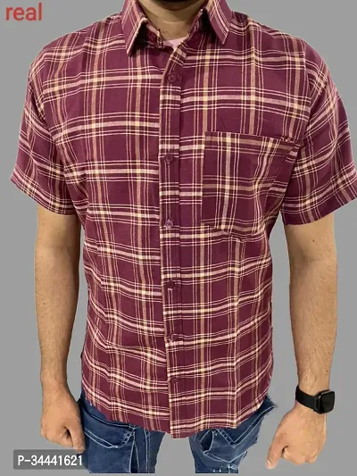 Stylish Khadi Cotton Checked Short Sleeves Casual Shirts For Men-thumb0