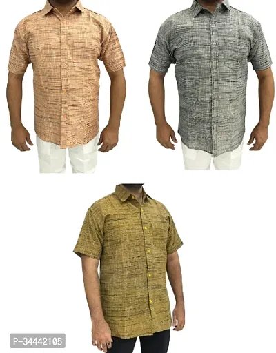 Stylish Khadi Cotton Self Pattern Short Sleeves Casual Shirts For Men- Pack Of 3-thumb0