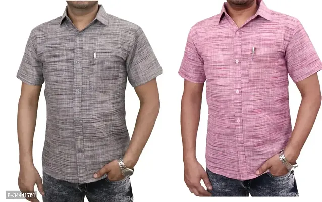 Stylish Khadi Cotton Self Pattern Short Sleeves Casual Shirts For Men- Pack Of 2-thumb0