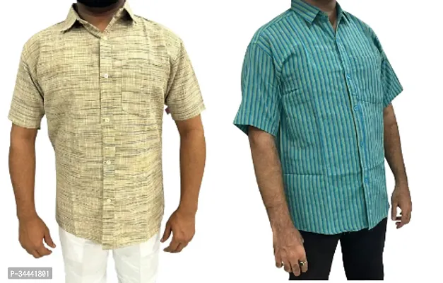 Stylish Khadi Cotton Striped Short Sleeves Casual Shirts For Men- Pack Of 2-thumb0