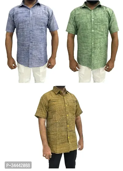 Stylish Khadi Cotton Self Pattern Short Sleeves Casual Shirts For Men- Pack Of 3-thumb0