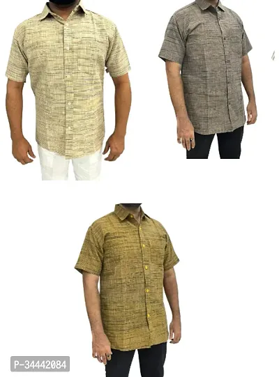 Stylish Khadi Cotton Self Pattern Short Sleeves Casual Shirts For Men- Pack Of 3-thumb0