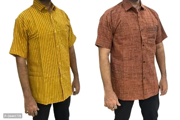 Stylish Khadi Cotton Striped Short Sleeves Casual Shirts For Men- Pack Of 2-thumb0