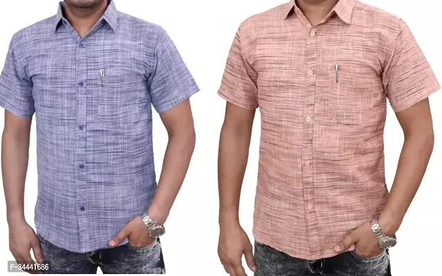 Stylish Khadi Cotton Self Pattern Short Sleeves Casual Shirts For Men- Pack Of 2-thumb0