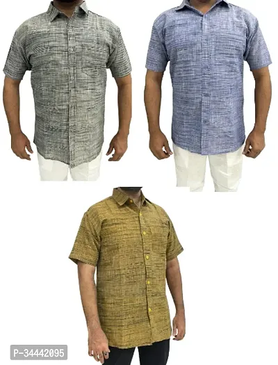 Stylish Khadi Cotton Self Pattern Short Sleeves Casual Shirts For Men- Pack Of 3-thumb0