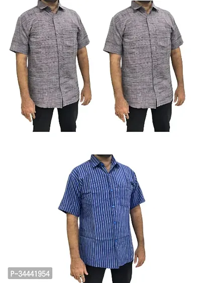 Stylish Khadi Cotton Striped Short Sleeves Casual Shirts For Men- Pack Of 3-thumb0