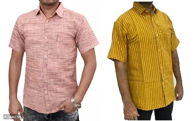 Stylish Khadi Cotton Striped Short Sleeves Casual Shirts For Men- Pack Of 2-thumb0