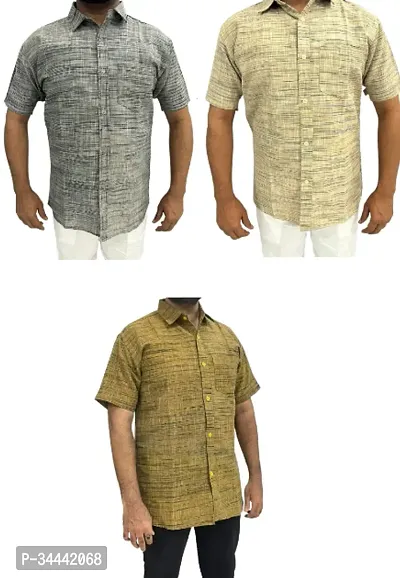 Stylish Khadi Cotton Self Pattern Short Sleeves Casual Shirts For Men- Pack Of 3-thumb0