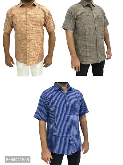 Stylish Khadi Cotton Striped Short Sleeves Casual Shirts For Men- Pack Of 3-thumb0