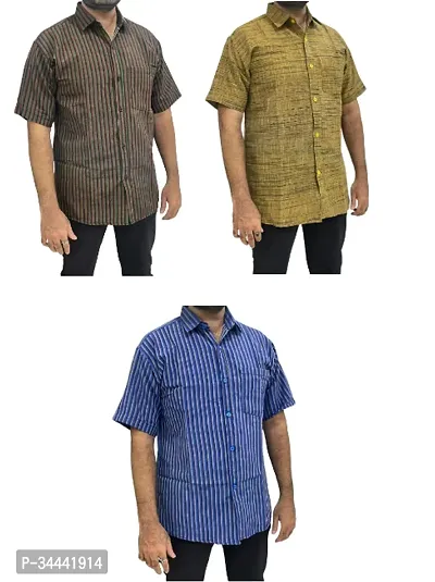 Stylish Khadi Cotton Striped Short Sleeves Casual Shirts For Men- Pack Of 3-thumb0