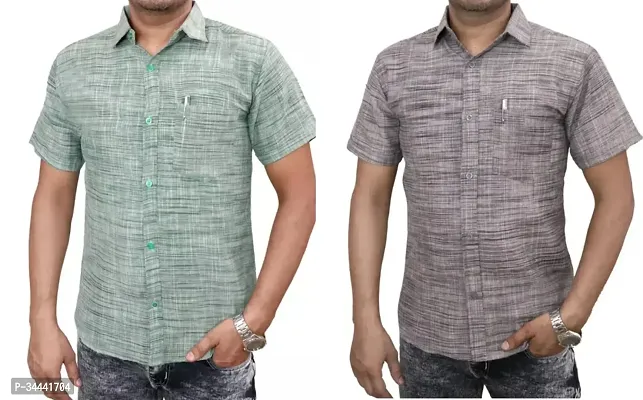 Stylish Khadi Cotton Self Pattern Short Sleeves Casual Shirts For Men- Pack Of 2-thumb0