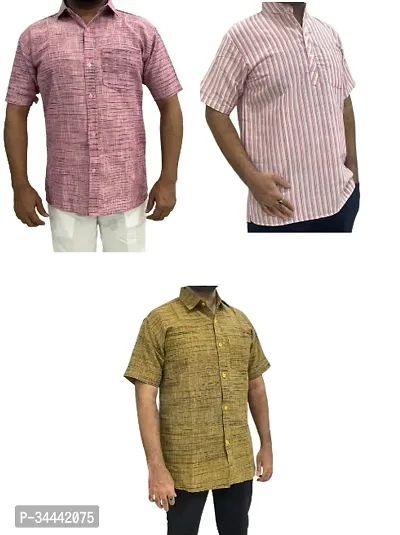 Stylish Khadi Cotton Striped Short Sleeves Casual Shirts For Men- Pack Of 3-thumb0