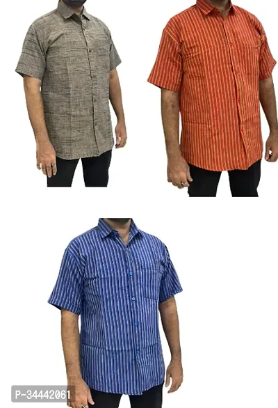 Stylish Khadi Cotton Striped Short Sleeves Casual Shirts For Men- Pack Of 3-thumb0