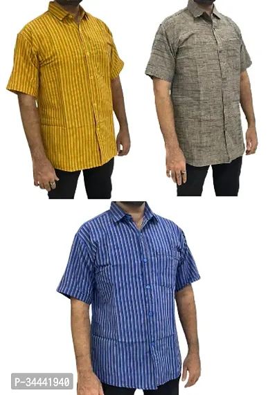 Stylish Khadi Cotton Striped Short Sleeves Casual Shirts For Men- Pack Of 3-thumb0