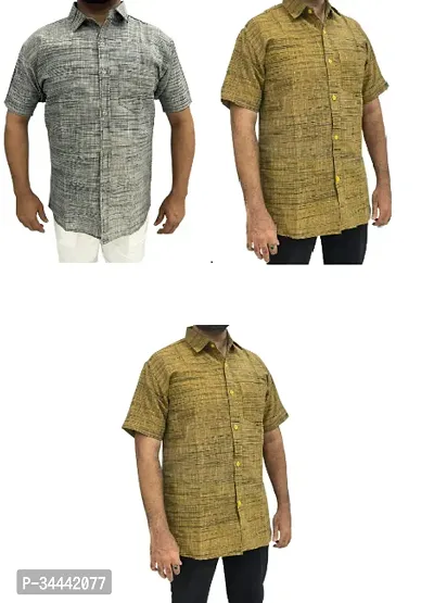 Stylish Khadi Cotton Self Pattern Short Sleeves Casual Shirts For Men- Pack Of 3-thumb0