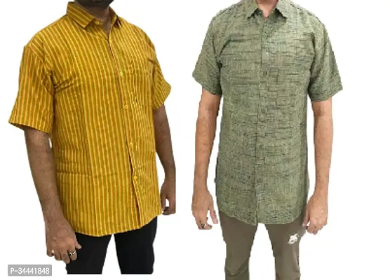 Stylish Khadi Cotton Striped Short Sleeves Casual Shirts For Men- Pack Of 2-thumb0