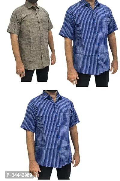 Stylish Khadi Cotton Striped Short Sleeves Casual Shirts For Men- Pack Of 3-thumb0