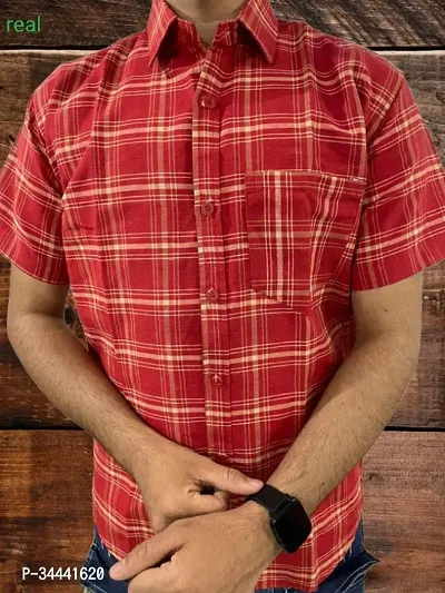 Stylish Khadi Cotton Checked Short Sleeves Casual Shirts For Men-thumb0