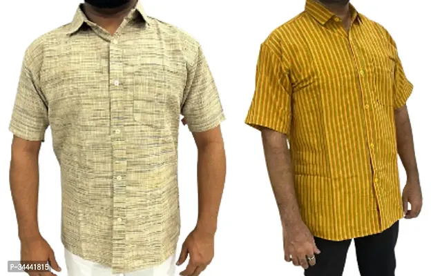 Stylish Khadi Cotton Striped Short Sleeves Casual Shirts For Men- Pack Of 2-thumb0