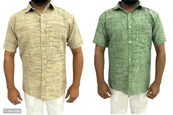 Stylish Khadi Cotton Self Pattern Short Sleeves Casual Shirts For Men- Pack Of 2-thumb0