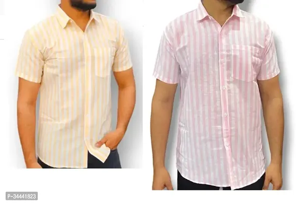 Stylish Khadi Cotton Striped Short Sleeves Casual Shirts For Men- Pack Of 2-thumb0