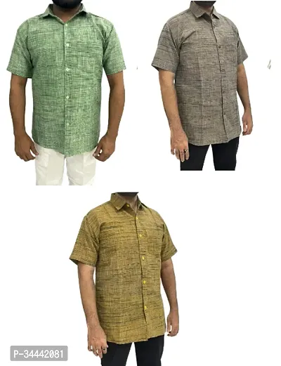 Stylish Khadi Cotton Self Pattern Short Sleeves Casual Shirts For Men- Pack Of 3-thumb0