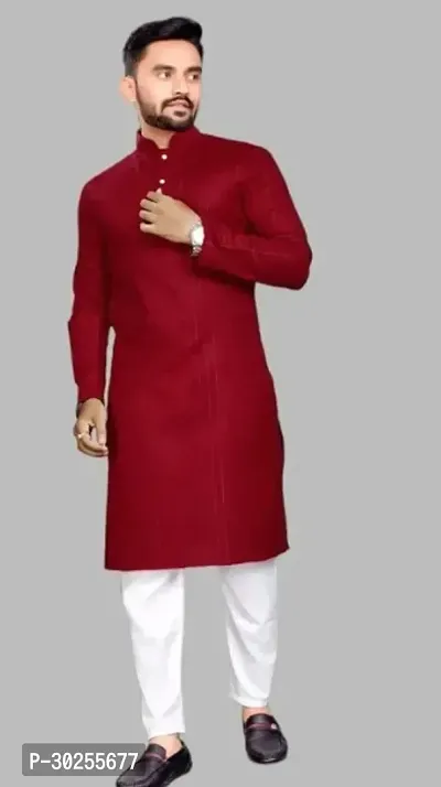 Reliable Maroon Cotton Blend Solid Straight Kurta For Men