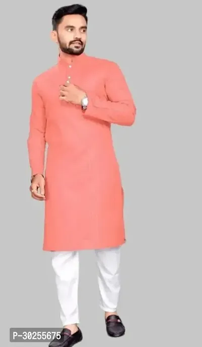 Reliable Peach Cotton Blend Solid Straight Kurta For Men-thumb0