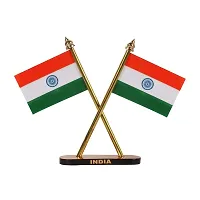 Rhymestore Flag Indian Flag Hindustan Tiranga for Car Dashboard Table Home Decoration Decor Cross Design Stand - Double Sided Cross Flag Stand-thumb3