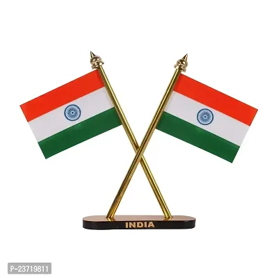 Rhymestore Flag Indian Flag Hindustan Tiranga for Car Dashboard Table Home Decoration Decor Cross Design Stand - Double Sided Cross Flag Stand-thumb4