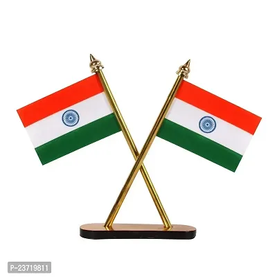 Rhymestore Flag Indian Flag Hindustan Tiranga for Car Dashboard Table Home Decoration Decor Cross Design Stand - Double Sided Cross Flag Stand-thumb0