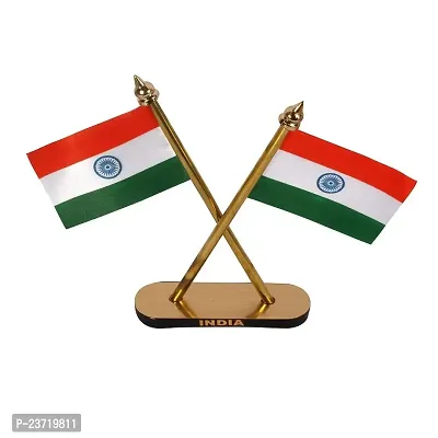 Rhymestore Flag Indian Flag Hindustan Tiranga for Car Dashboard Table Home Decoration Decor Cross Design Stand - Double Sided Cross Flag Stand-thumb3