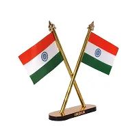 Rhymestore Flag Indian Flag Hindustan Tiranga for Car Dashboard Table Home Decoration Decor Cross Design Stand - Double Sided Cross Flag Stand-thumb1